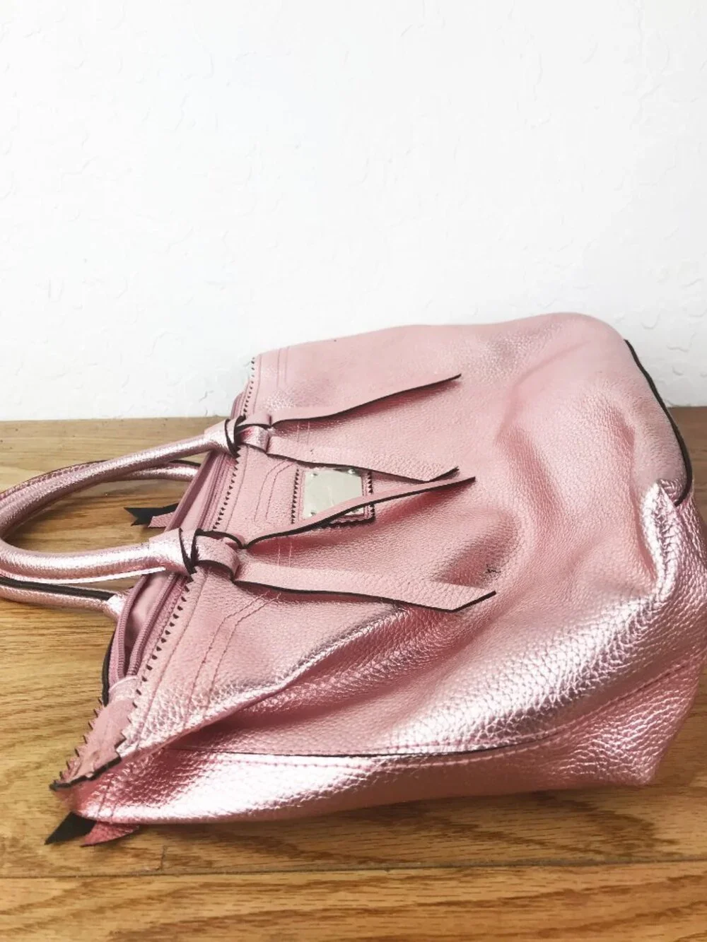 Victoria’s Secret Metallic Pink Tote Bag – Pebbled Faux Leather with Logo Plaque